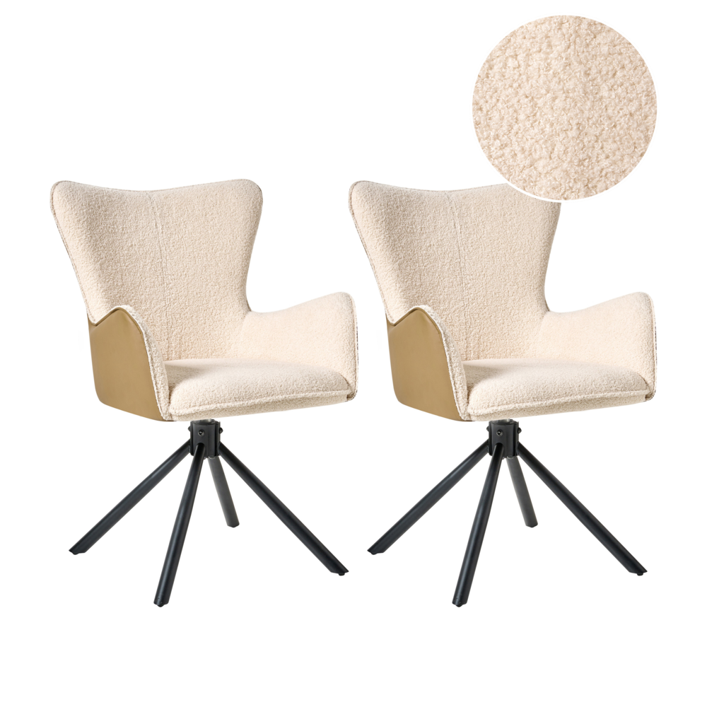 Set di 2 sedie da pranzo girevoli Tappezzeria boucle beige chiaro Base girevole in metallo