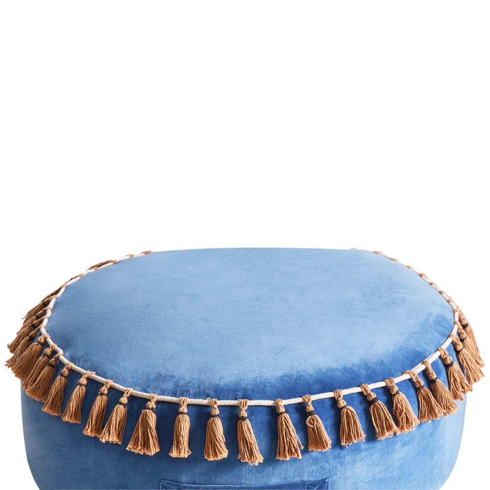 Pouf ottomano in velluto blu poggiapiedi rotondo Glam
