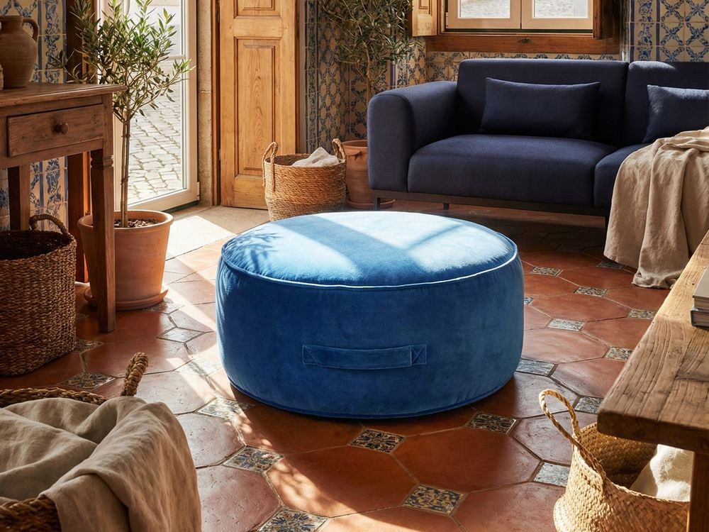 Pouf rotondo moderno in velluto per soggiorno e camera da letto blu stile glamour