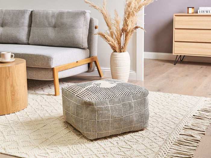 Pouf ottomano grigio in tessuto, poggiapiedi quadrato stile retrò boho