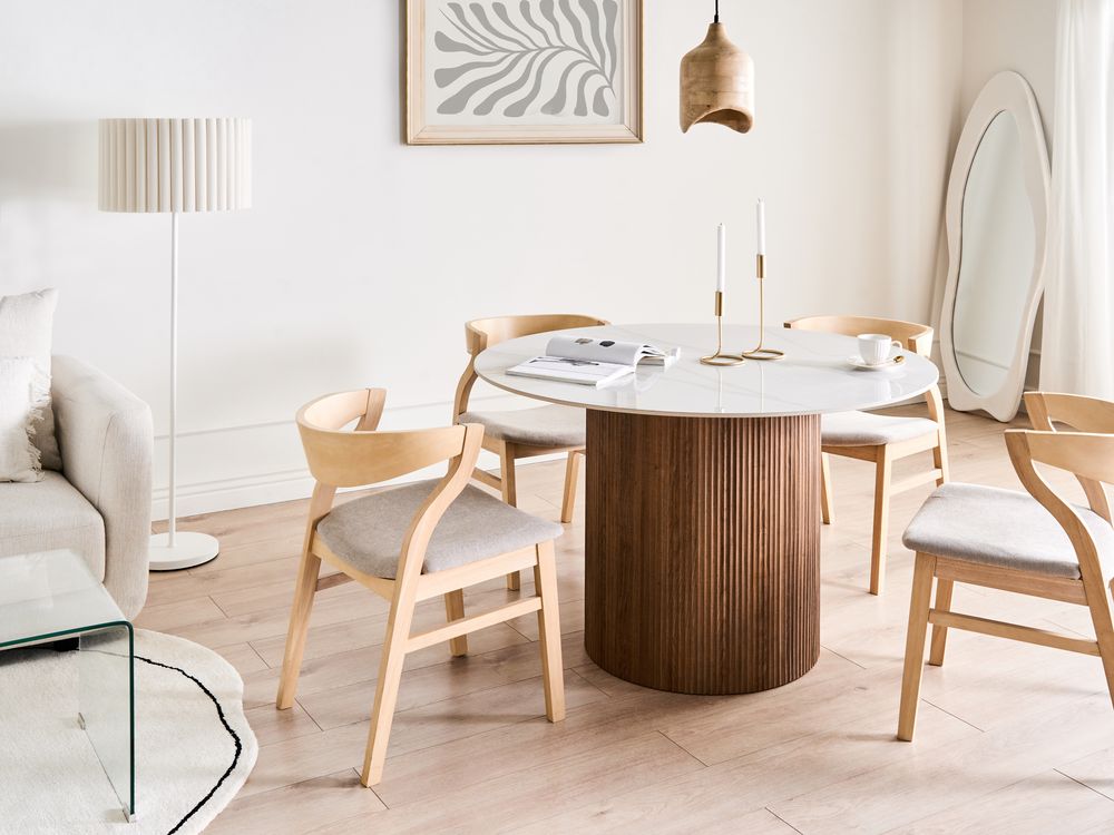 Tavolo da pranzo moderno rotondo ⌀ 120 cm Industrial Gamba nervata MDF Marmo bianco