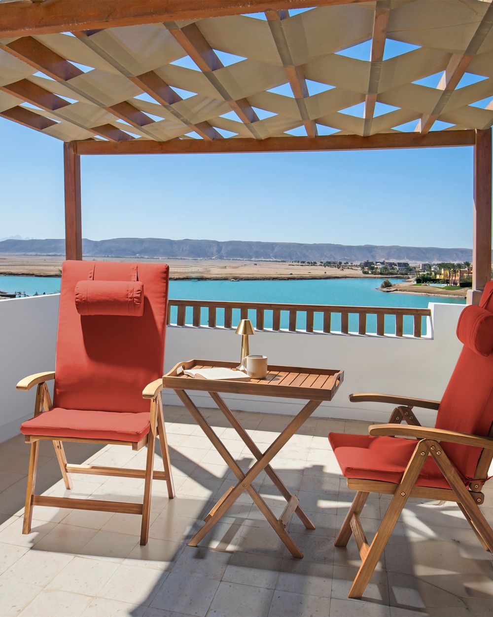 Set di 2 sedie in legno di acacia e cuscini rosso pieghevoli in stile rustico resistente ai raggi UV