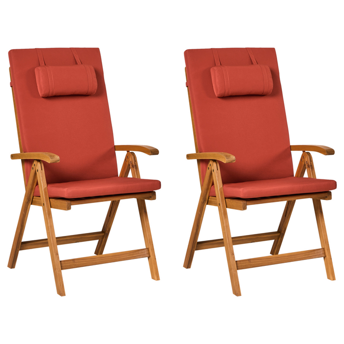 Set di 2 sedie in legno di acacia e cuscini rosso pieghevoli in stile rustico resistente ai raggi UV