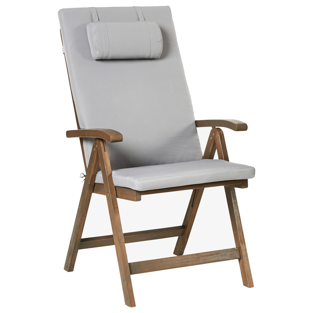 Set di 2 sedie da giardino rustiche in legno d'acacia naturale e cuscini grigio chiaro regolabili e pieghevoli per esterni con braccioli in stile rustico