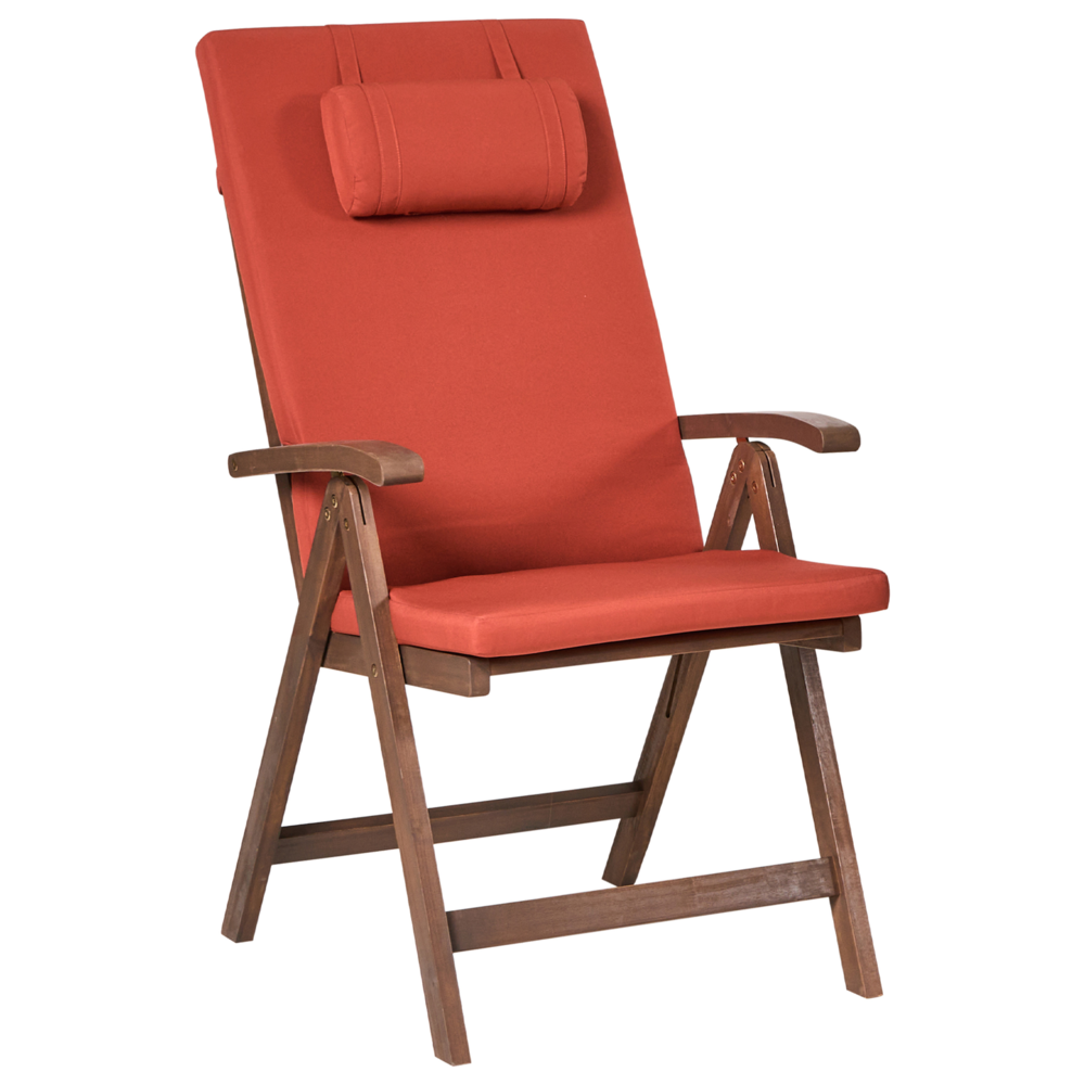 Set di 2 sedie da giardino rustiche in legno d'acacia naturale e cuscini rosso regolabili e pieghevoli per esterni con braccioli in stile rustico