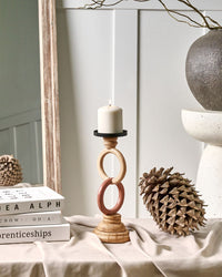 Portacandele in legno di pino multicolore con piastra in metallo per candele a colonna