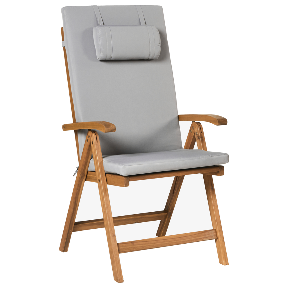 Set da pranzo da giardino a 6 posti in legno di acacia e sedie pieghevoli con cuscini grigio chiaro regolabili per esterni in stile country