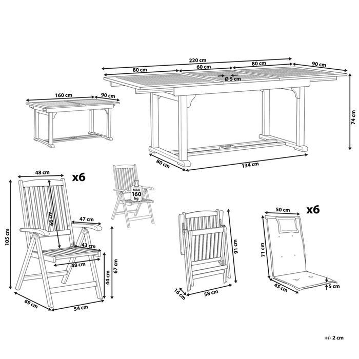 Set da pranzo da giardino a 6 posti in legno di acacia e sedie pieghevoli con cuscini grigio chiaro regolabili per esterni in stile country
