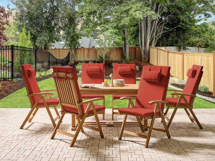 Set da pranzo da giardino a 6 posti in legno di acacia e sedie pieghevoli con cuscini rosso regolabili per esterni in stile country