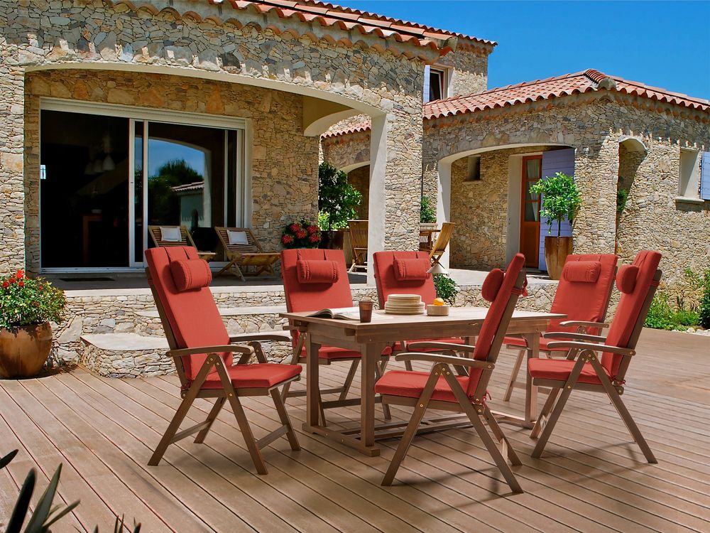 Set da giardino con 6 sedie in legno di acacia marrone scuro con cuscini rosso in stile rustico con cuscini