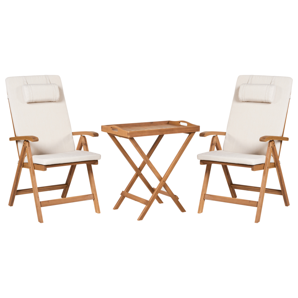 Set da bistrot da giardino Tavolo in legno di acacia 2 sedie con cuscini beige pieghevole resistente ai raggi UV