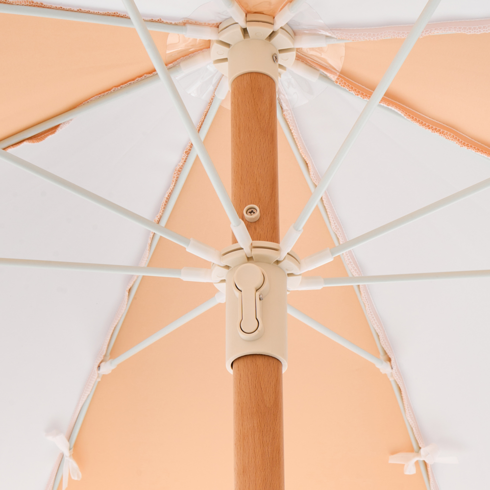 Ombrellone giardino tessuto bianco e arancione palo in legno faggio 150 cm Ombrellone esterno rotondo giardino retrò inclinabile resistente ai raggi UV