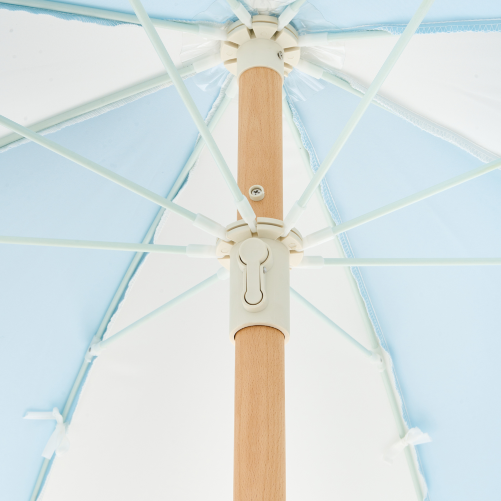 Ombrellone giardino tessuto azzurro e bianco palo in legno faggio 150 cm Ombrellone esterno rotondo giardino retrò inclinabile resistente ai raggi UV