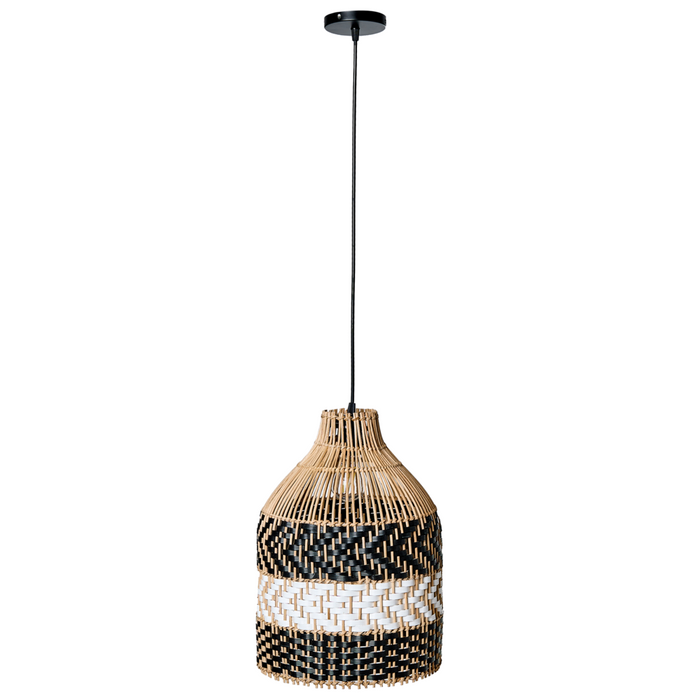 Lampada a sospensione con paralume in rattan bianco e nero intrecciato struttura in ferro stile boho