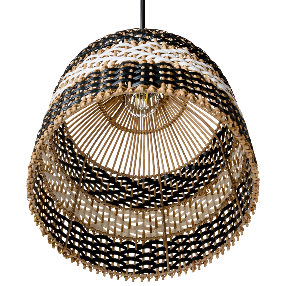 Lampada a sospensione con paralume in rattan bianco e nero intrecciato struttura in ferro stile boho