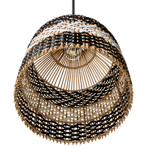 Lampada a sospensione con paralume in rattan bianco e nero intrecciato struttura in ferro stile boho