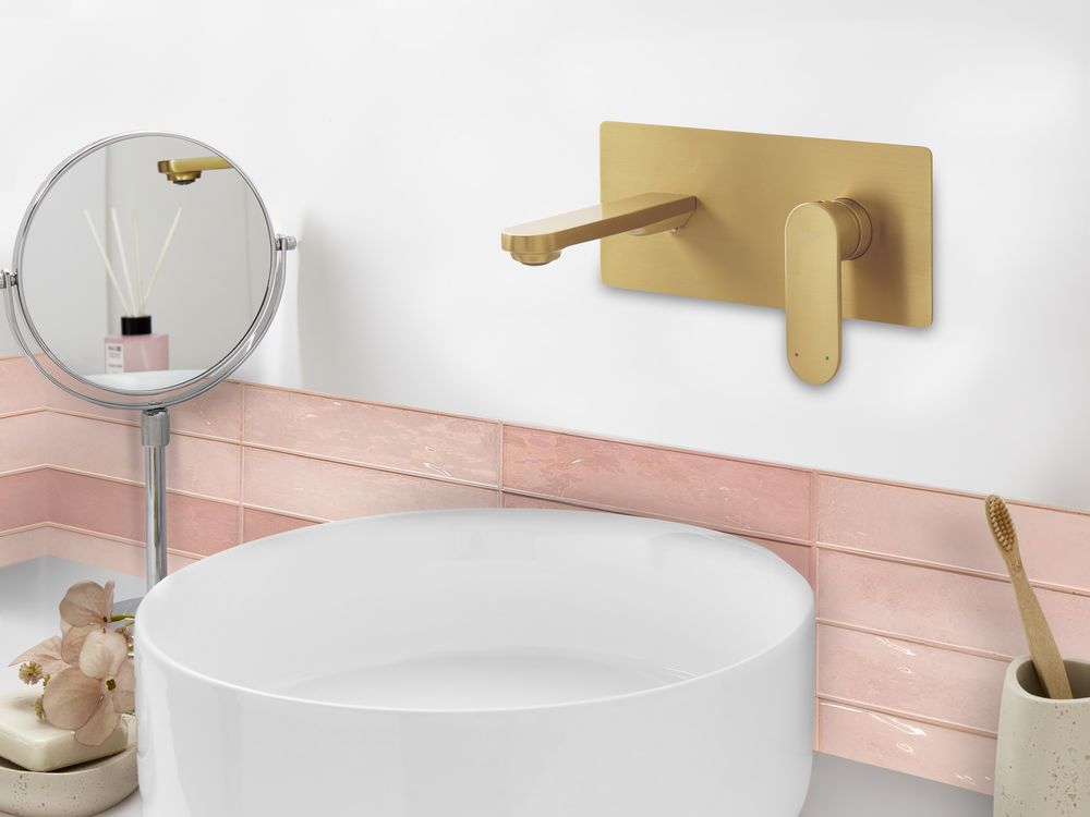 Rubinetto miscelatore per lavabo a parete in ottone oro monocomando