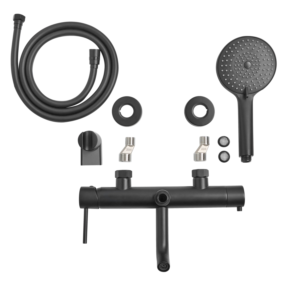 Set di miscelatori per vasca da bagno montati a muro, in ottone nero, soffione doccia a bocca singola con kit di interruttori