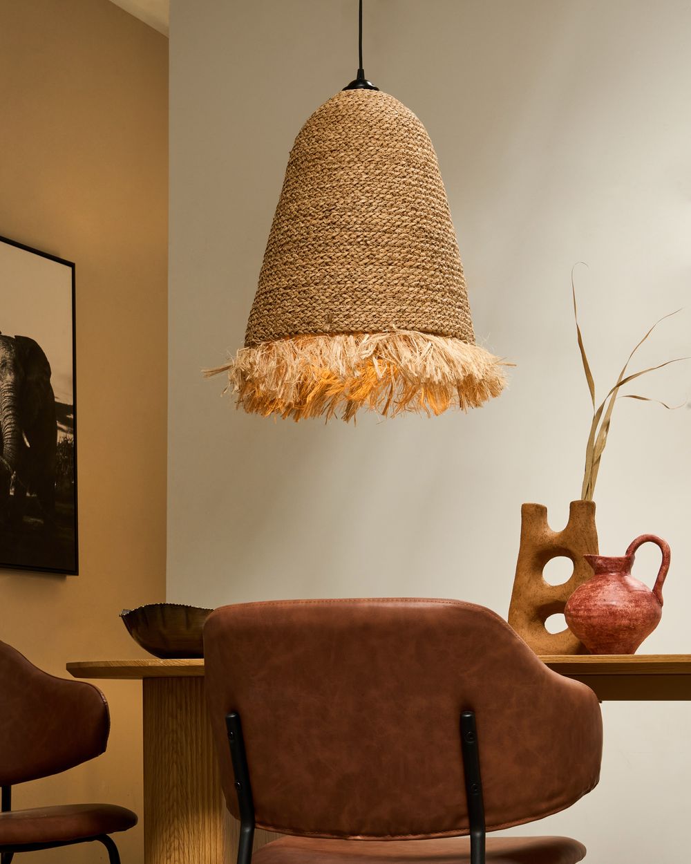 Lampada a sospensione in giacinto d'acqua naturale e fibra di banano intrecciata in stile bohémien, fatta a mano