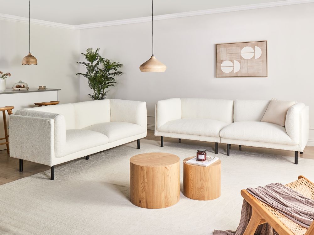 Set di divani imbottiti a 5 posti in tessuto bouclè bianco sporco stile elegante