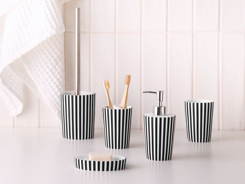 Set di accessori per il bagno Portasapone Dispenser di sapone Portaspazzolino Portaspazzolino nero e bianco