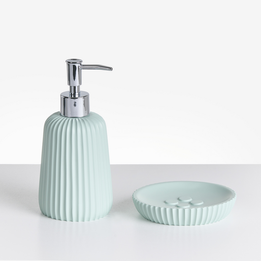 Set accessori bagno 5 pezzi portasapone, dispenser, porta scopino, bicchiere, porta spazzolini colore verde menta