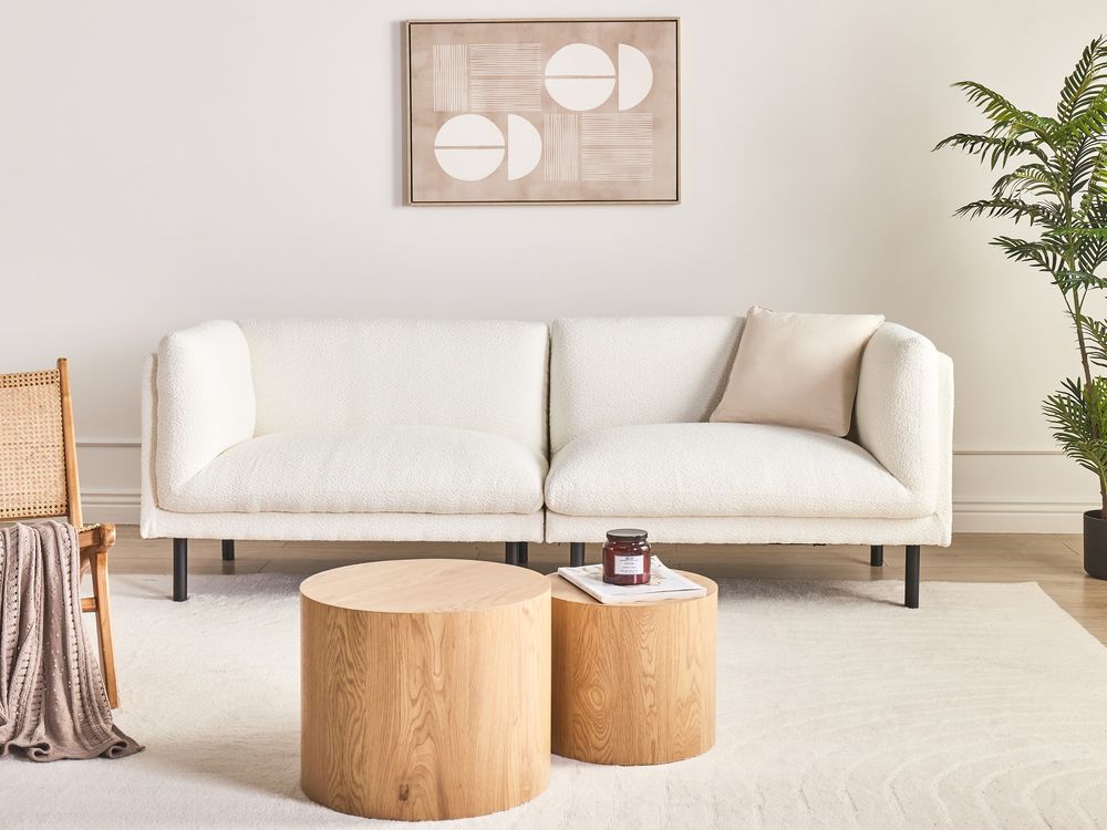 Divano a 3 posti imbottito in tessuto bouclè bianco sporco legno gambe nere imbottito da salotto