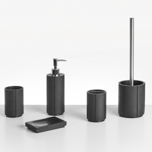 Set accessori bagno 5 pezzi portasapone, dispenser, porta scopino, bicchiere, porta spazzolini colore nero