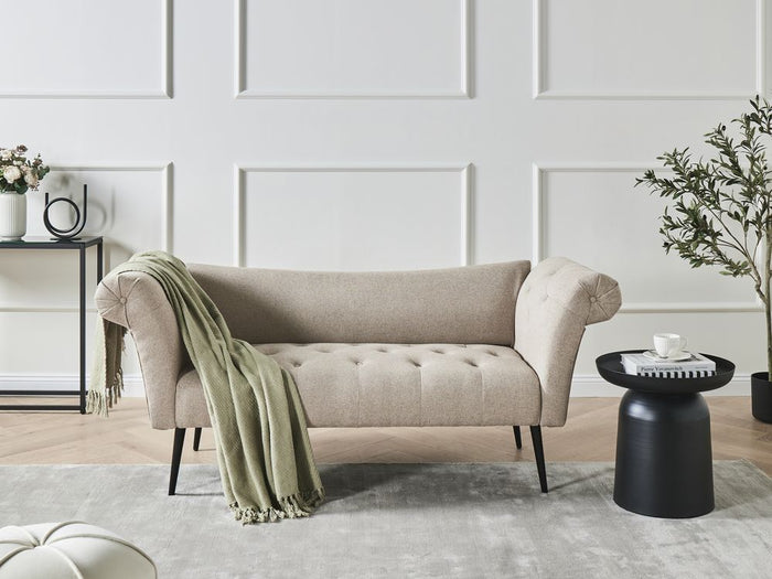 Chaise Longue in tessuto marrone chiaro e Gambe con gambe in metallo dorato