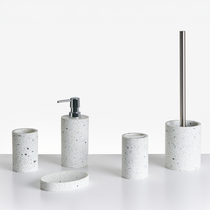 Set di 5 pezzi di accessori per il bagno Portasapone Dispenser di sapone Spazzolino da toilette Portaspazzolino Terrazo Effetto design moderno bianco