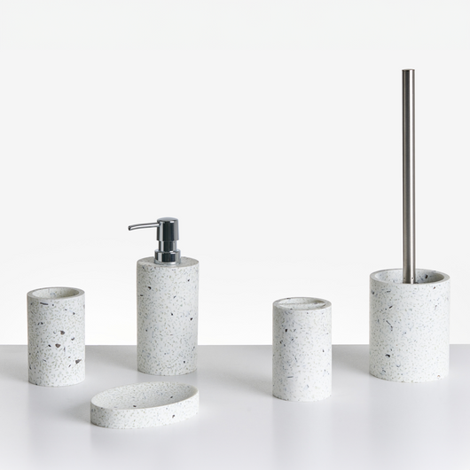 Set di 5 pezzi di accessori per il bagno Portasapone Dispenser di sapone Spazzolino da toilette Portaspazzolino Terrazo Effetto design moderno bianco