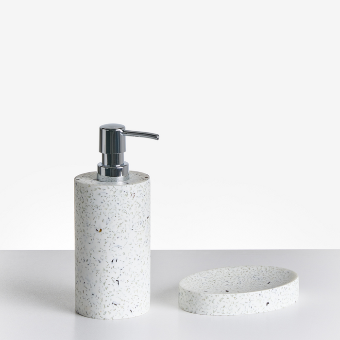 Set di 5 pezzi di accessori per il bagno Portasapone Dispenser di sapone Spazzolino da toilette Portaspazzolino Terrazo Effetto design moderno bianco