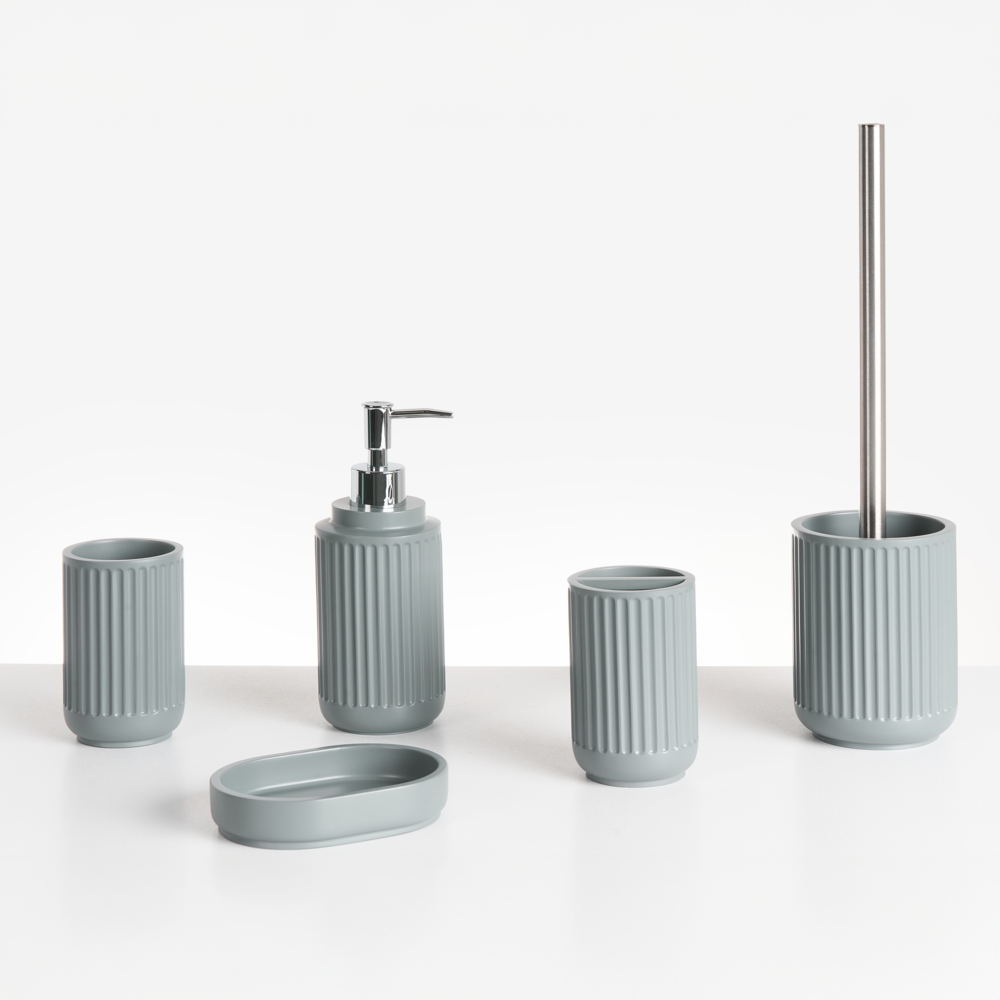 Set di 5 accessori da bagno in poliresina grigio chiaro Dispenser per sapone Portaspazzolino Porta spazzolino da bagno