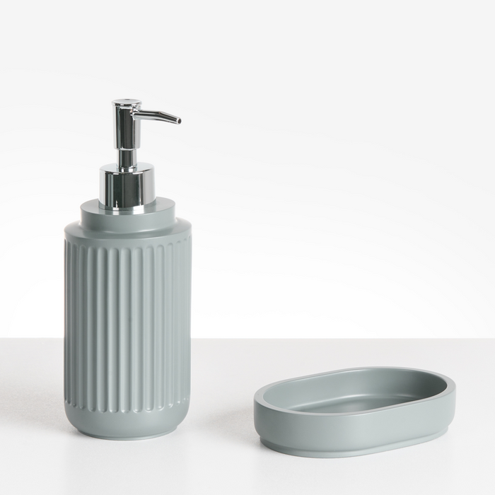 Set di 5 accessori da bagno in poliresina grigio chiaro Dispenser per sapone Portaspazzolino Porta spazzolino da bagno