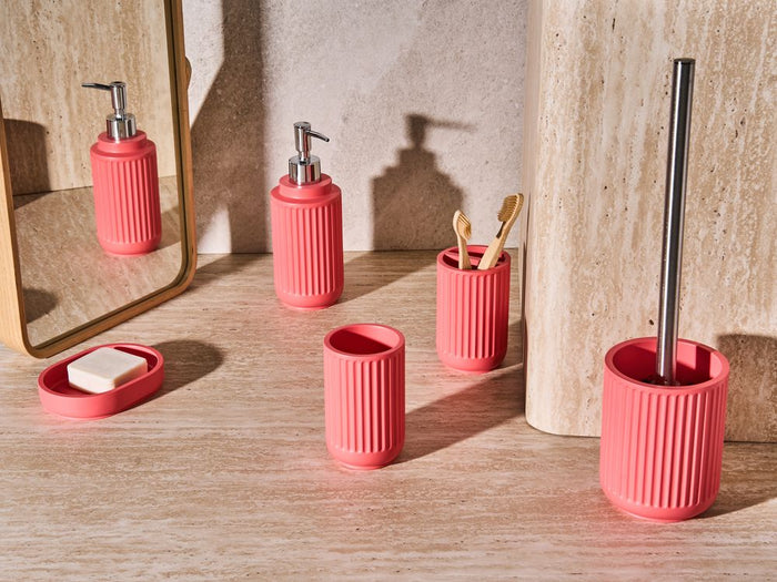 Set di 5 accessori da bagno in poliresina rosso Dispenser per sapone Portaspazzolino Porta spazzolino da bagno