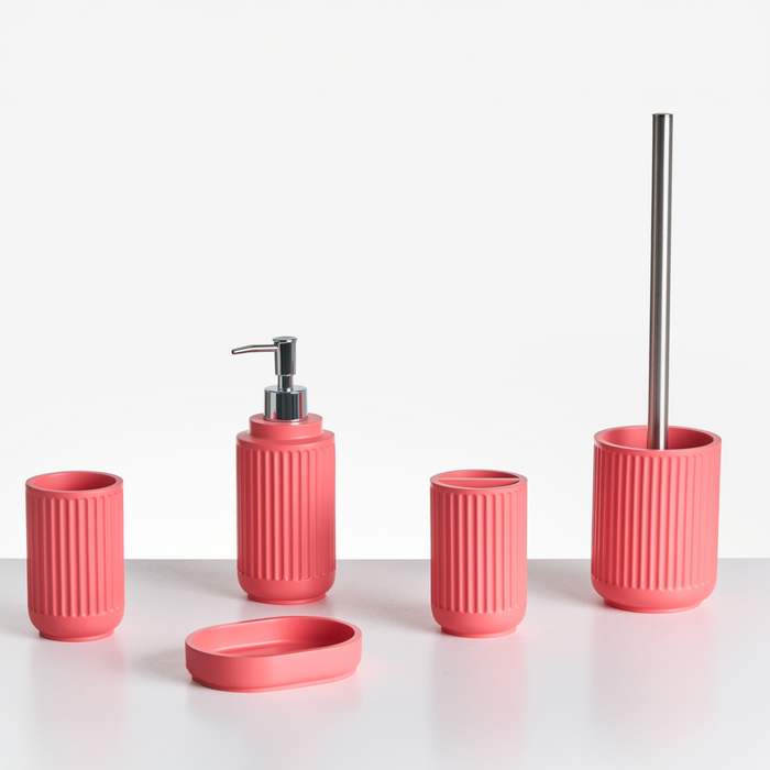 Set di 5 accessori da bagno in poliresina rosso Dispenser per sapone Portaspazzolino Porta spazzolino da bagno