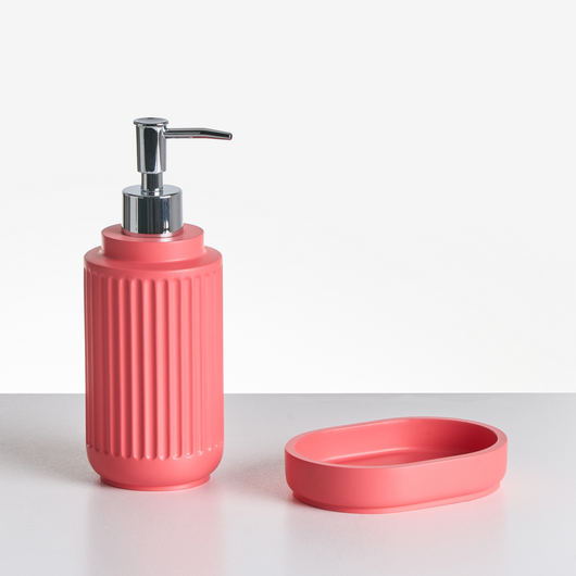 Set di 5 accessori da bagno in poliresina rosso Dispenser per sapone Portaspazzolino Porta spazzolino da bagno