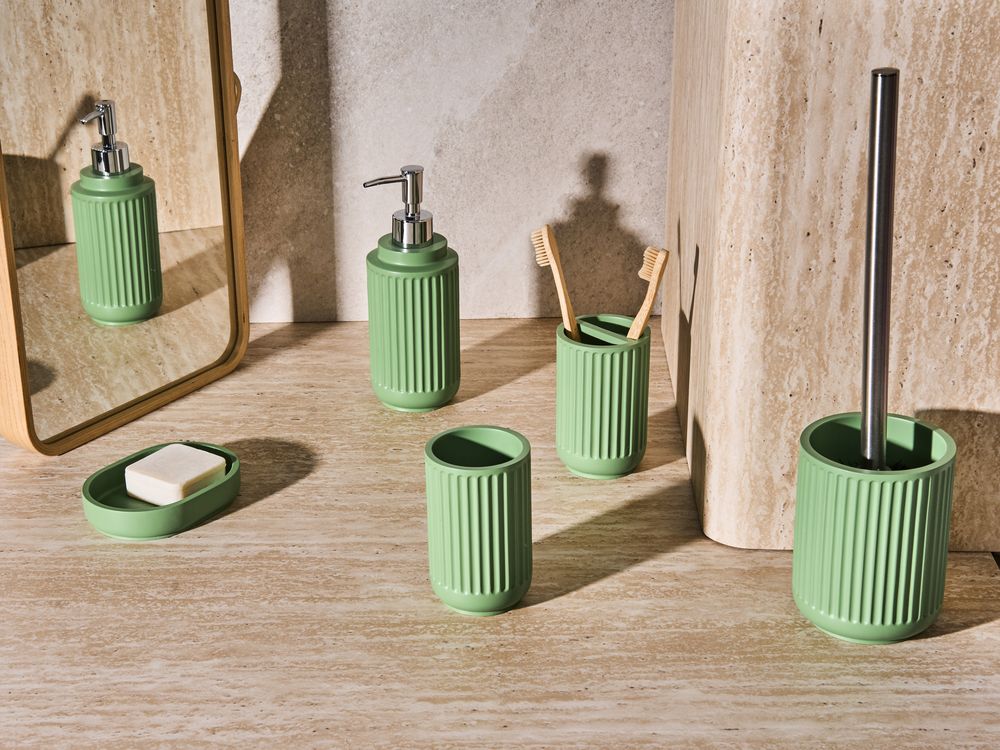 Set di 5 accessori da bagno in poliresina verde Dispenser per sapone Portaspazzolino Porta spazzolino da bagno
