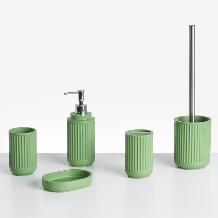 Set di 5 accessori da bagno in poliresina verde Dispenser per sapone Portaspazzolino Porta spazzolino da bagno