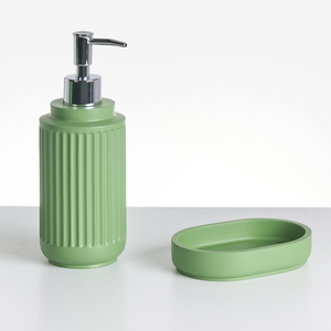 Set di 5 accessori da bagno in poliresina verde Dispenser per sapone Portaspazzolino Porta spazzolino da bagno
