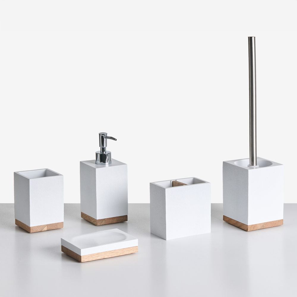 Set di 5 accessori da bagno con portasapone, dispenser, scopino, bicchiere e portaspazzolini bianco