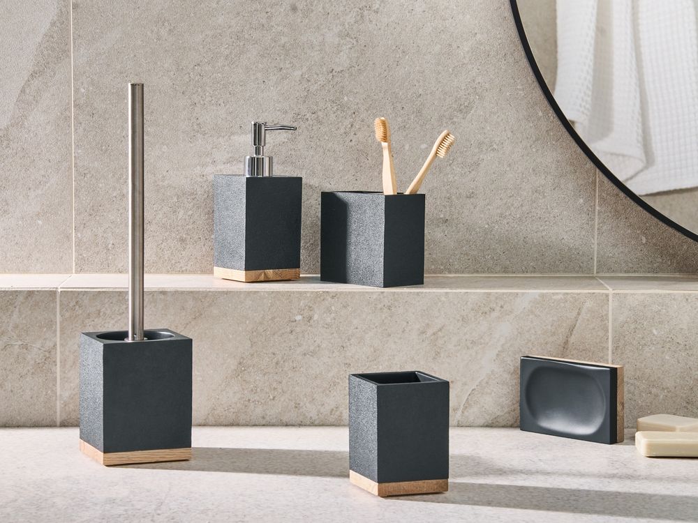 Set di 5 accessori da bagno con portasapone, dispenser, scopino, bicchiere e portaspazzolini nero