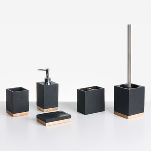 Set di 5 accessori da bagno con portasapone, dispenser, scopino, bicchiere e portaspazzolini nero
