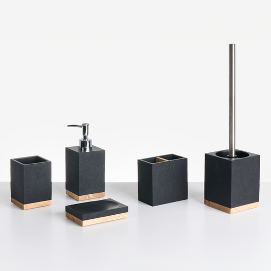 Set di 5 accessori da bagno con portasapone, dispenser, scopino, bicchiere e portaspazzolini nero