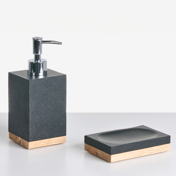 Set di 5 accessori da bagno con portasapone, dispenser, scopino, bicchiere e portaspazzolini nero