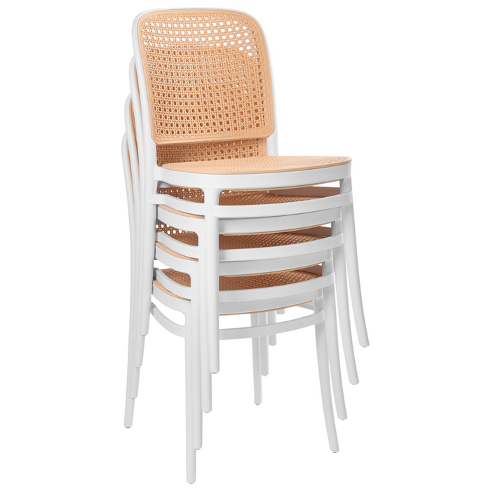 Set di 4 sedie da pranzo impilabili in plastica e senza braccioli, di colore beige e bianco stile moderno