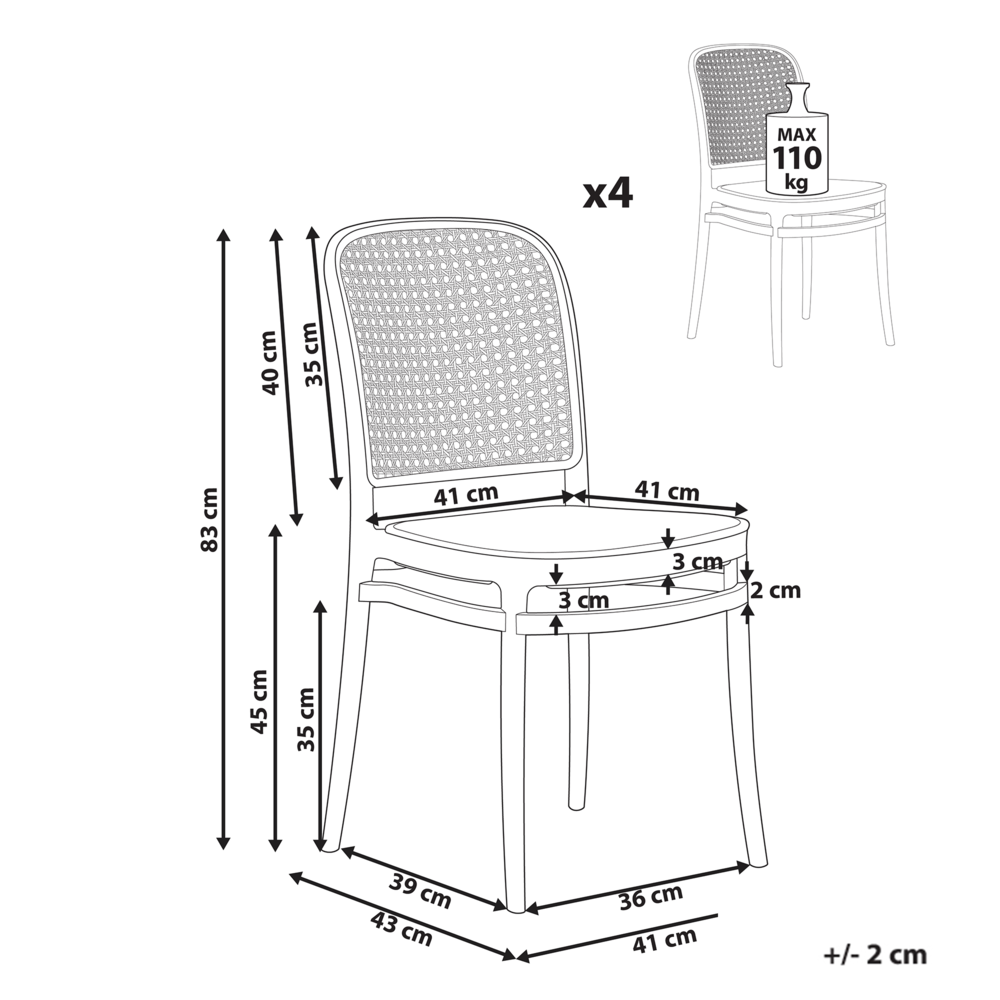 Set di 4 sedie da pranzo impilabili in plastica e senza braccioli, di colore beige e bianco stile moderno