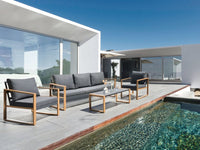 Set di divani da giardino a 5 posti Struttura in metallo grigio scuro Finitura simile al legno Piano in vetro Divano a 3 posti Poltrone