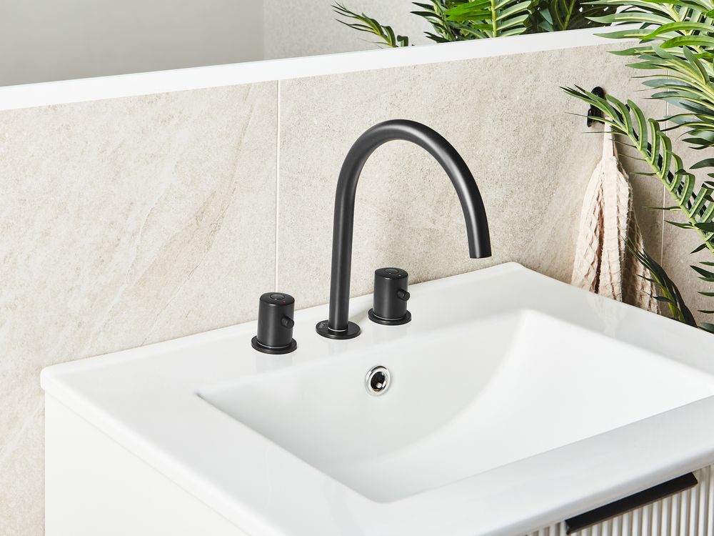 Rubinetto miscelatore per lavabo in ottone neroa due maniglie con beccuccio curvo Accessori bagno Bagno