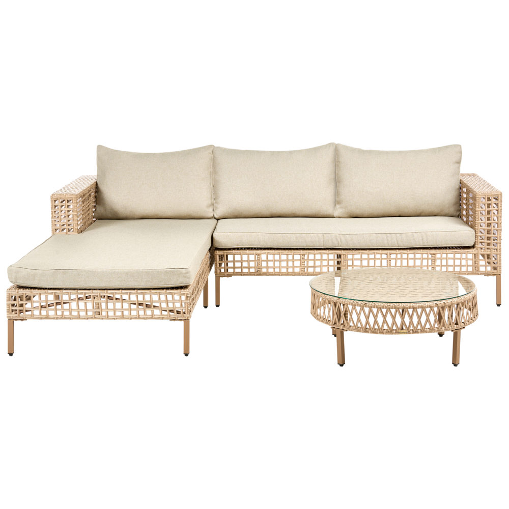 Set da giardino lato destro beige in rattan PE a 4 posti con cuscini tavolino e poltrona